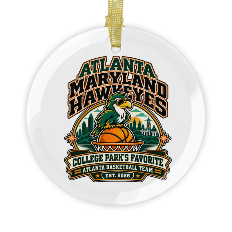 Hang It Up glass Christmas ornament with Atlanta Maryland Hawkeyes design