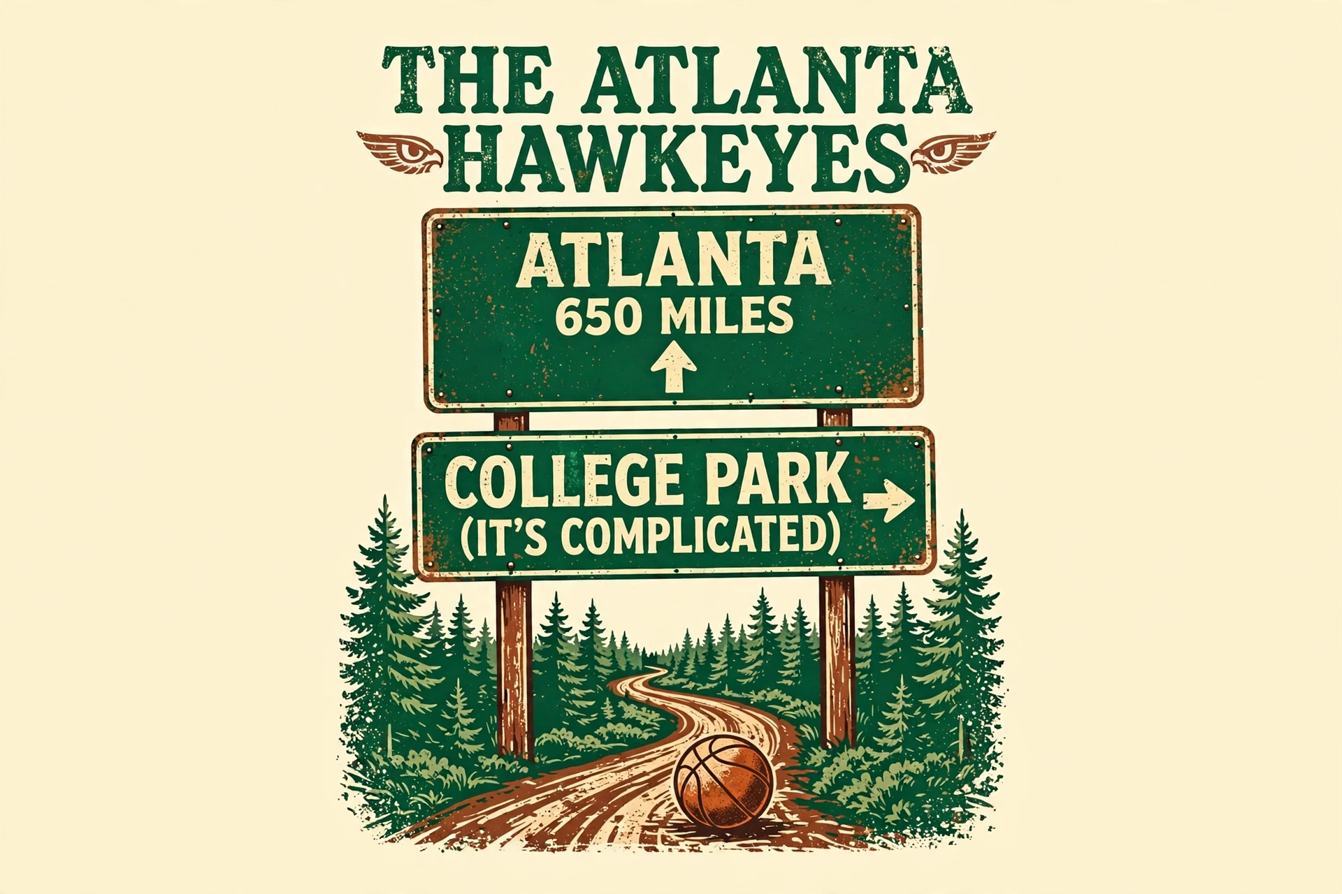 The Atlanta Hawkeyes 'It's Complicated' road sign design — highway signs pointing to Atlanta and College Park